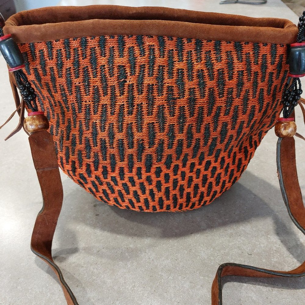 Woven Sisal Straw Beaded Shoulder Bag - Orange/Black/Brown